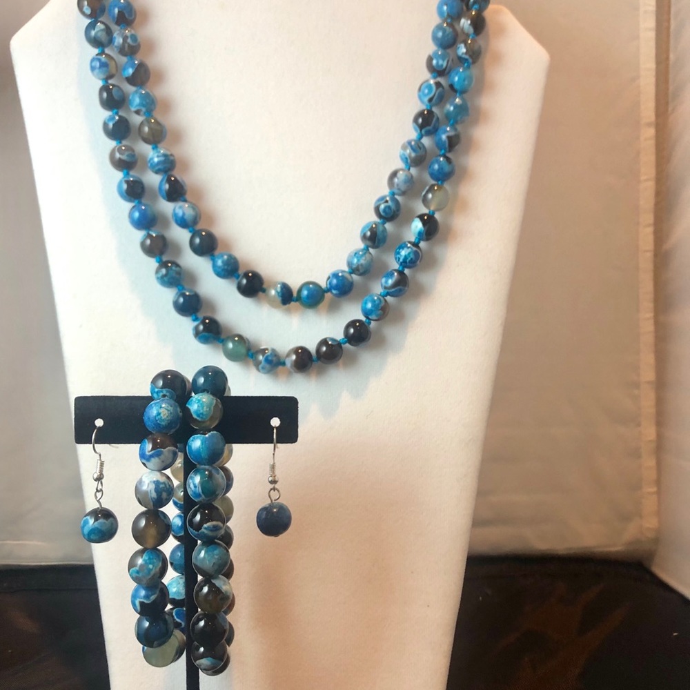 Natural Blue Agate necklace, bracelet & earrings
